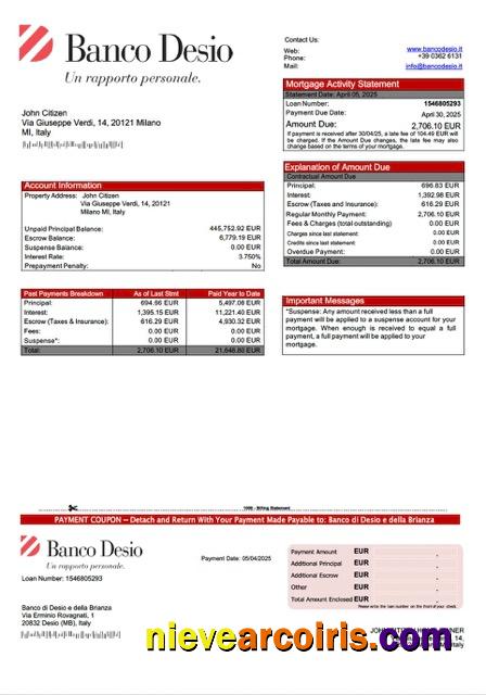 Italy Banco di Desio e della Brianza mortgage statement Word and PDF template